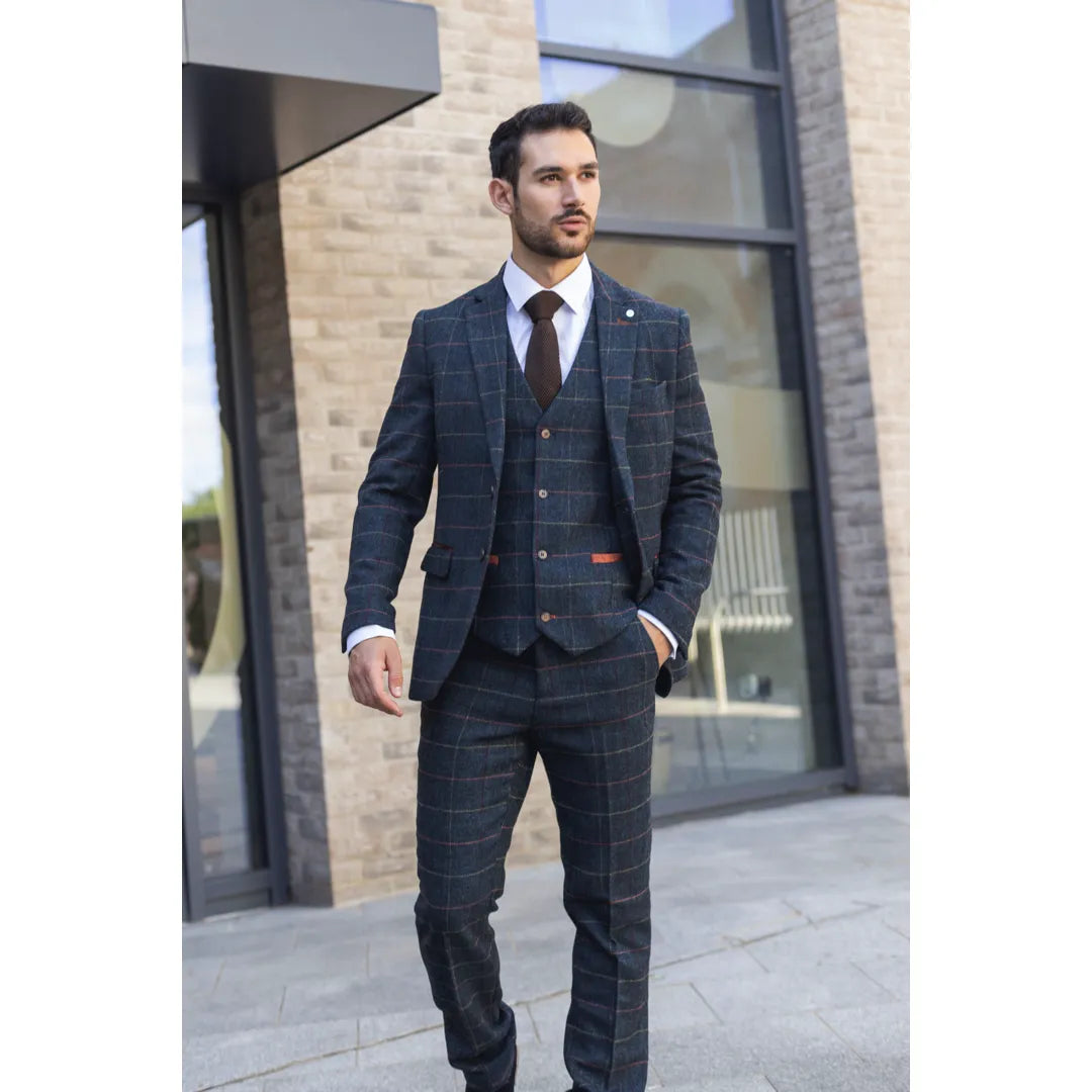 Archer - Terno masculino de 3 peças em tweed espinha de peixe xadrez azul-marinho
