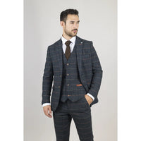 Archer - Terno masculino de 3 peças em tweed espinha de peixe xadrez azul-marinho