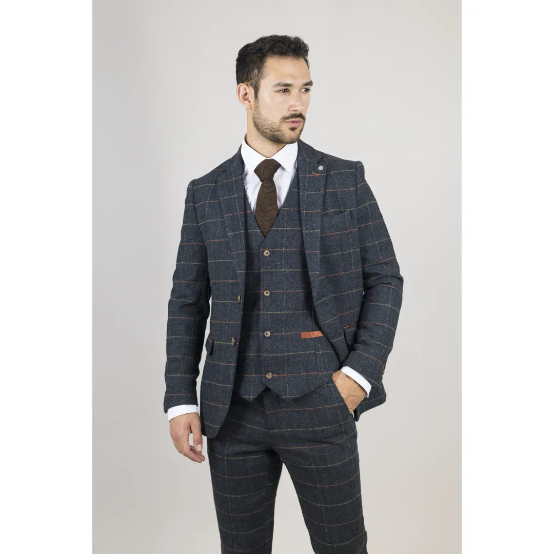 Archer - Terno masculino de 3 peças em tweed espinha de peixe xadrez azul-marinho