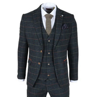 Archer - Terno masculino de 3 peças em tweed espinha de peixe xadrez azul-marinho
