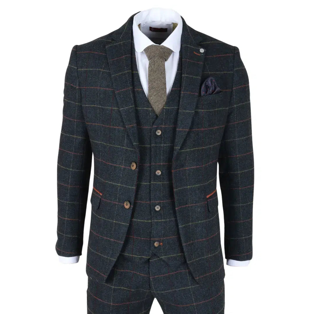 Archer - Terno masculino de 3 peças em tweed espinha de peixe xadrez azul-marinho