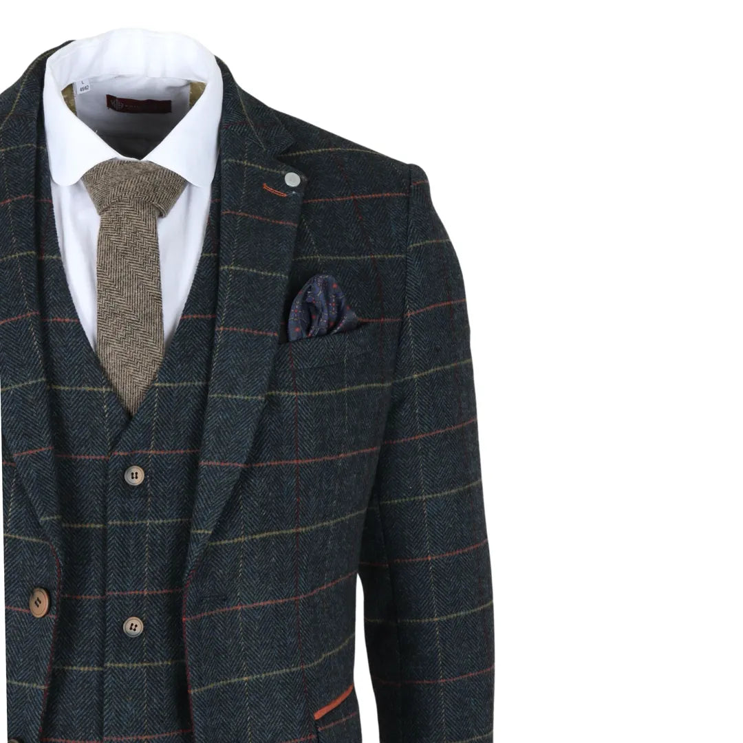 Archer - Terno masculino de 3 peças em tweed espinha de peixe xadrez azul-marinho