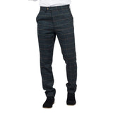Calças Archer masculinas em tweed xadrez espinha de peixe azul-marinho.