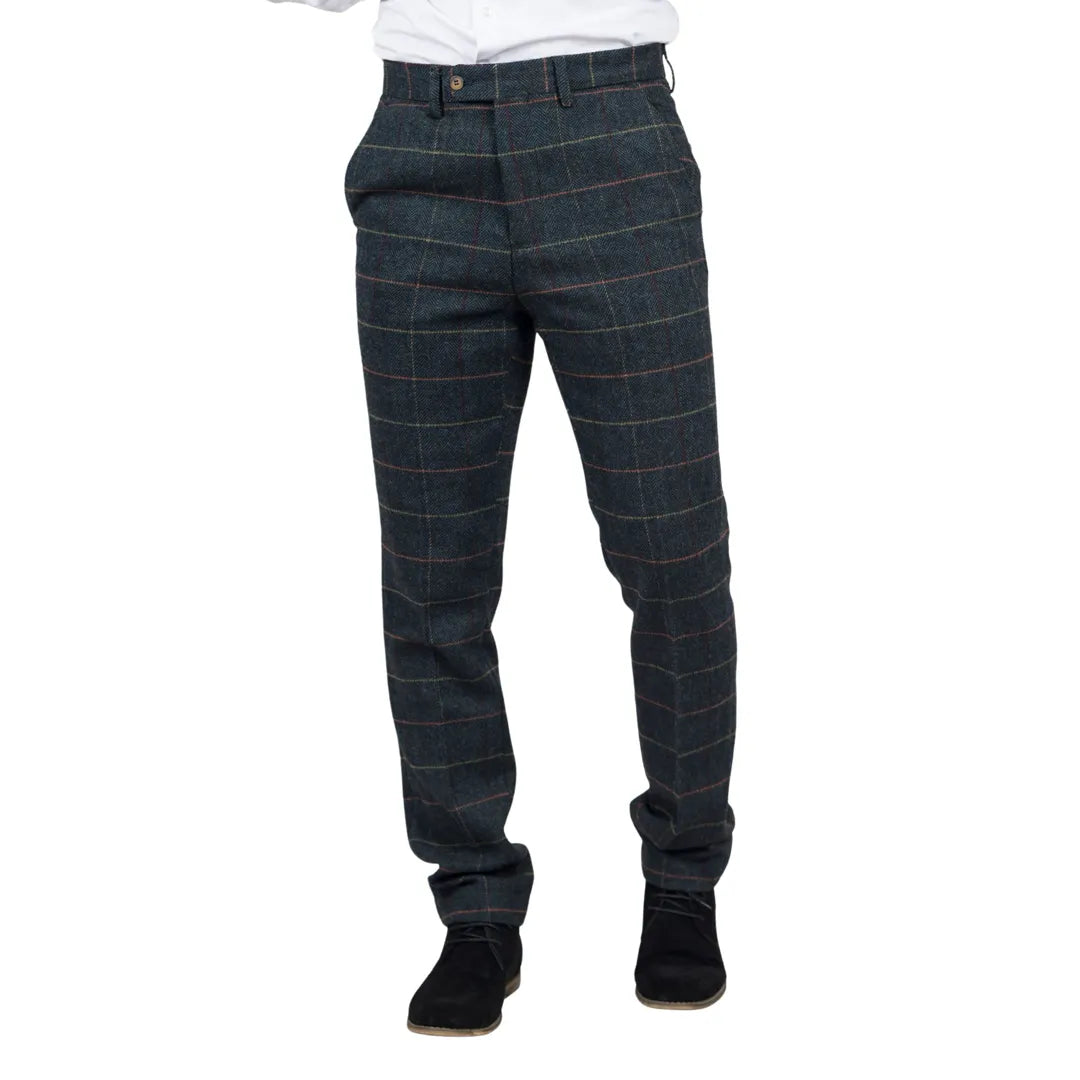 Calças Archer masculinas em tweed xadrez espinha de peixe azul-marinho.