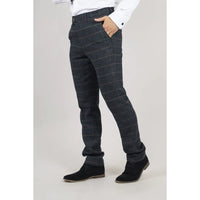 Calças Archer masculinas em tweed xadrez espinha de peixe azul-marinho.