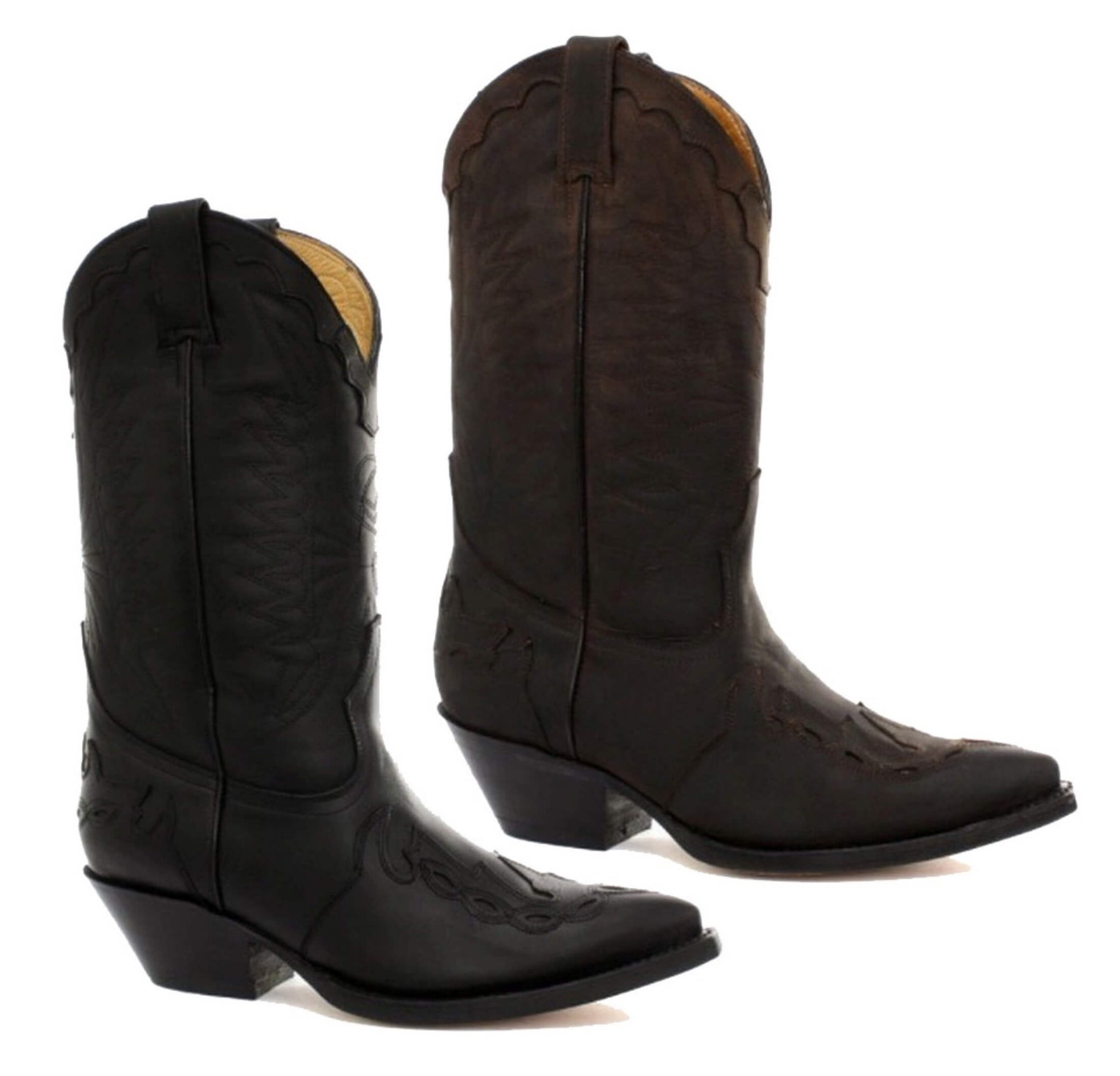 Botas de cowboy masculinas de bico fino, pretas e marrons, estilo Grinders Arizona, em couro legítimo, estilo western cubano.