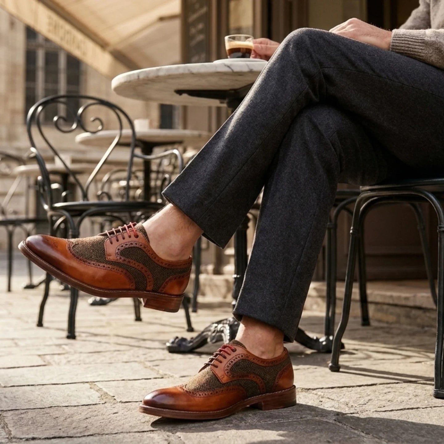 Arlo - Sapatos Brogue Masculinos em Tweed e Couro Castanho