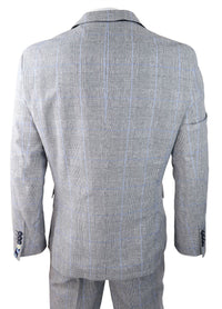 Terno masculino de verão de 3 peças, xadrez cinza, azul e preto, corte sob medida, clássico, para casamento e ocasiões formais.