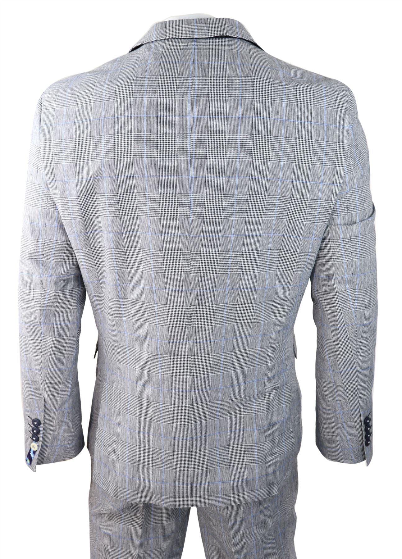 Terno masculino de verão de 3 peças, xadrez cinza, azul e preto, corte sob medida, clássico, para casamento e ocasiões formais.