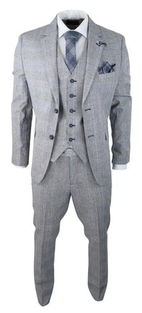 Terno masculino de verão de 3 peças, xadrez cinza, azul e preto, corte sob medida, clássico, para casamento e ocasiões formais.