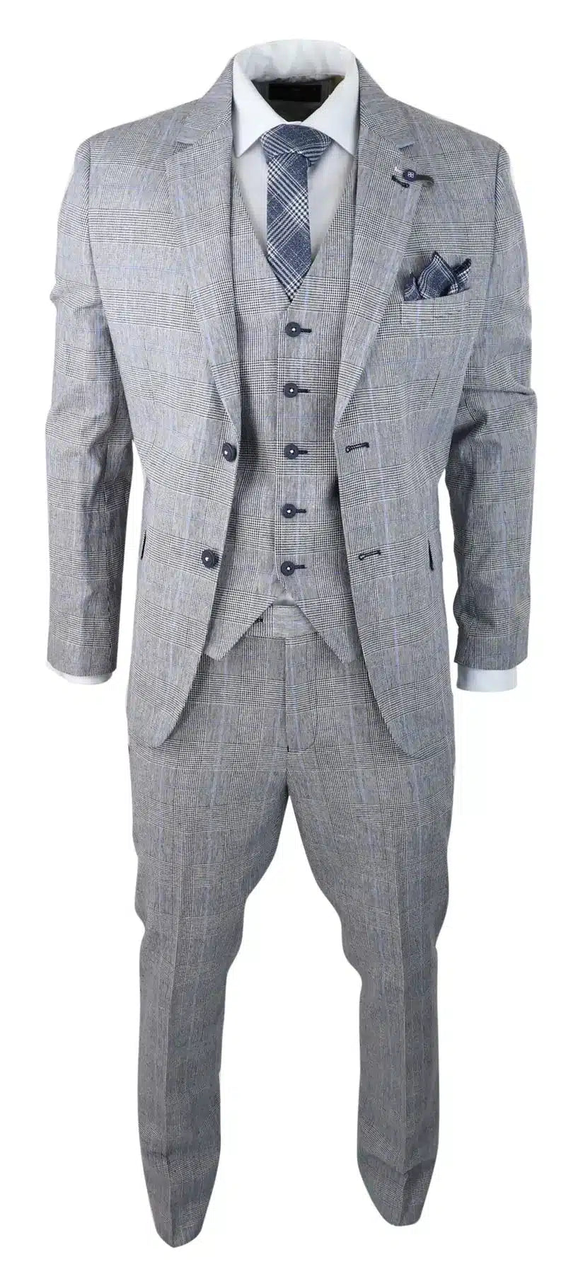 Terno masculino de verão de 3 peças, xadrez cinza, azul e preto, corte sob medida, clássico, para casamento e ocasiões formais.