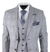 Terno masculino de verão de 3 peças, xadrez cinza, azul e preto, corte sob medida, clássico, para casamento e ocasiões formais.