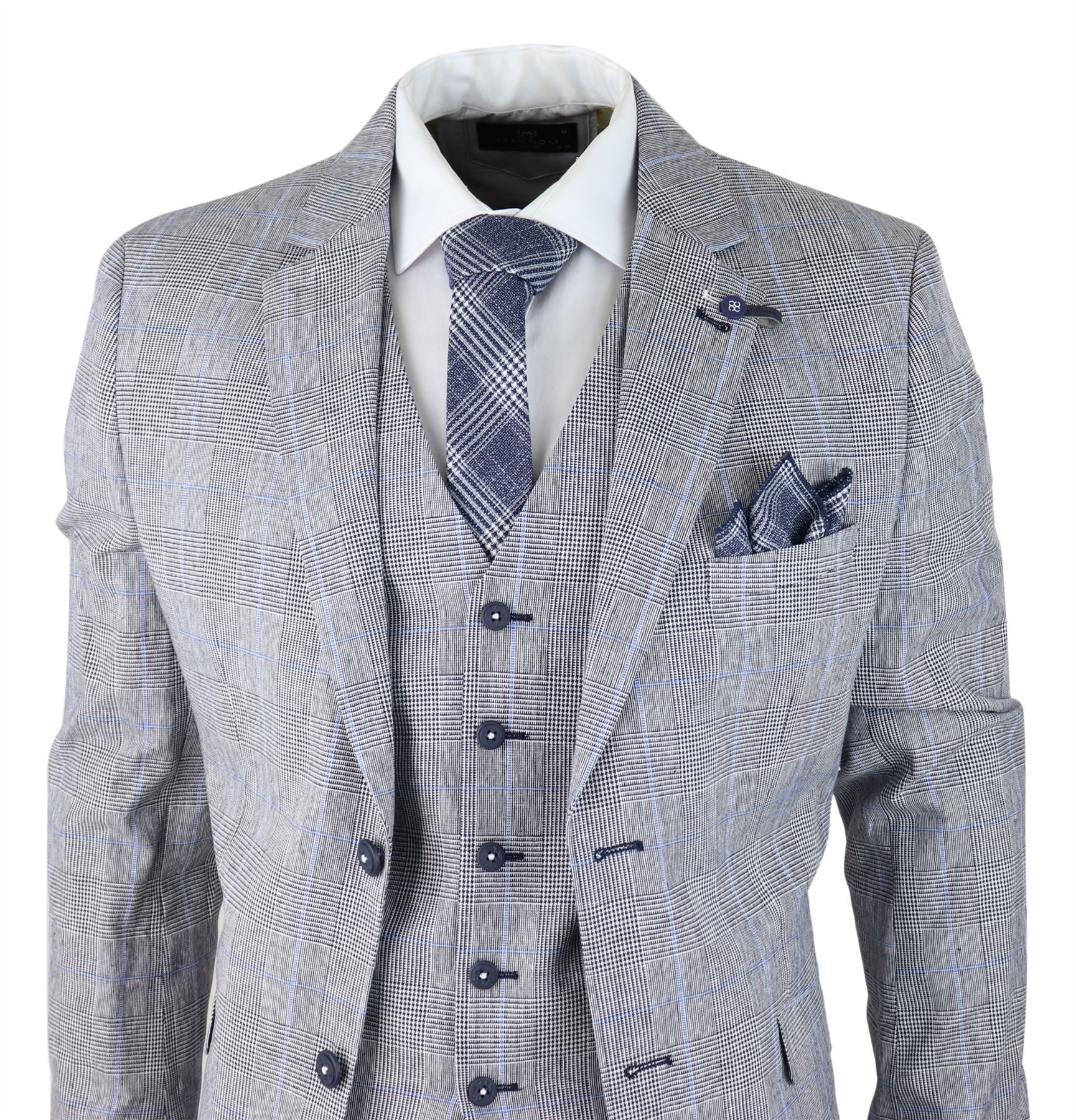 Terno masculino de verão de 3 peças, xadrez cinza, azul e preto, corte sob medida, clássico, para casamento e ocasiões formais.