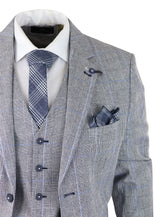 Terno masculino de verão de 3 peças, xadrez cinza, azul e preto, corte sob medida, clássico, para casamento e ocasiões formais.