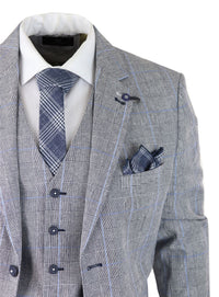 Terno masculino de verão de 3 peças, xadrez cinza, azul e preto, corte sob medida, clássico, para casamento e ocasiões formais.
