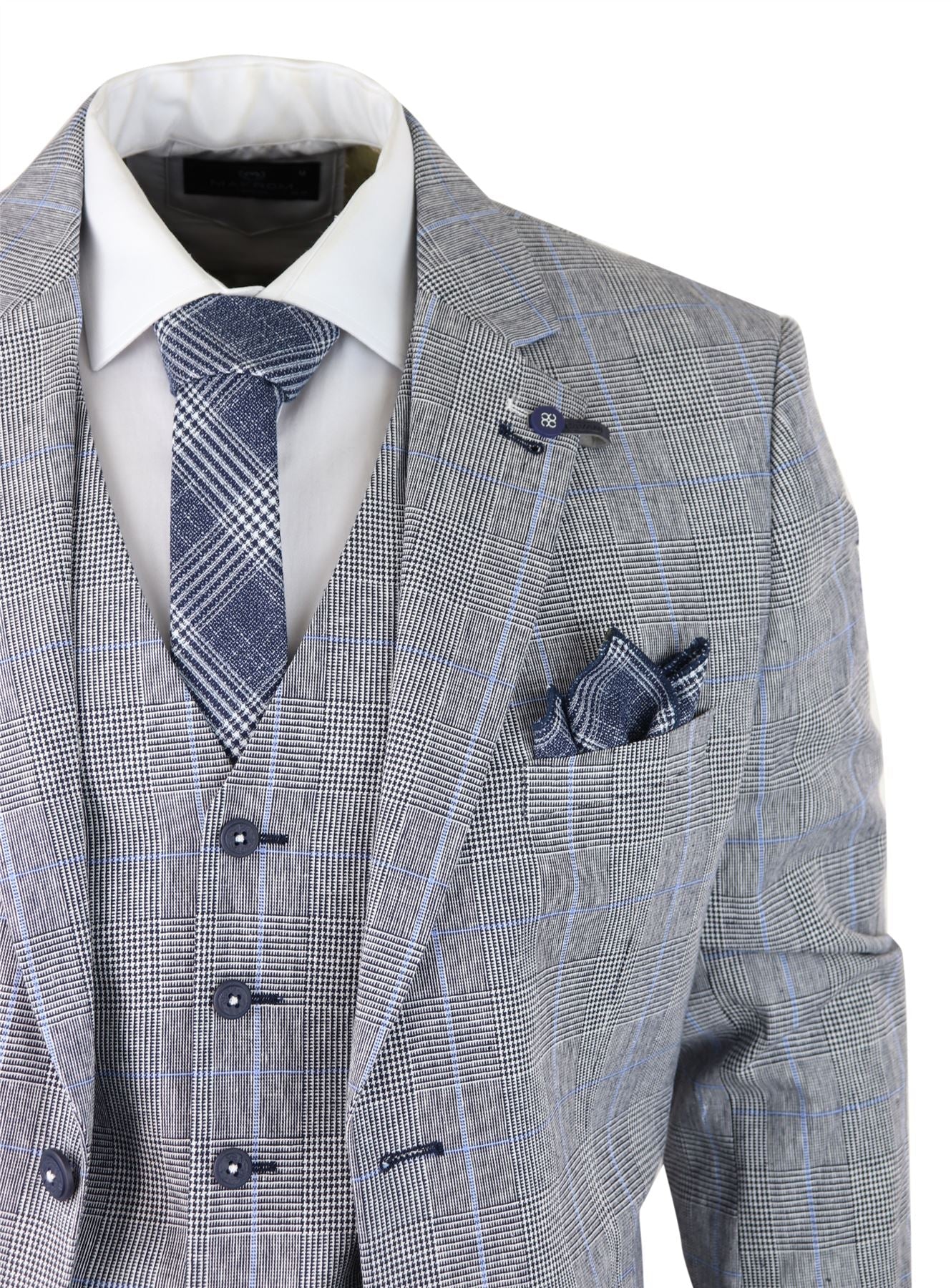 Terno masculino de verão de 3 peças, xadrez cinza, azul e preto, corte sob medida, clássico, para casamento e ocasiões formais.
