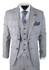 Terno masculino de verão de 3 peças, xadrez cinza, azul e preto, corte sob medida, clássico, para casamento e ocasiões formais.