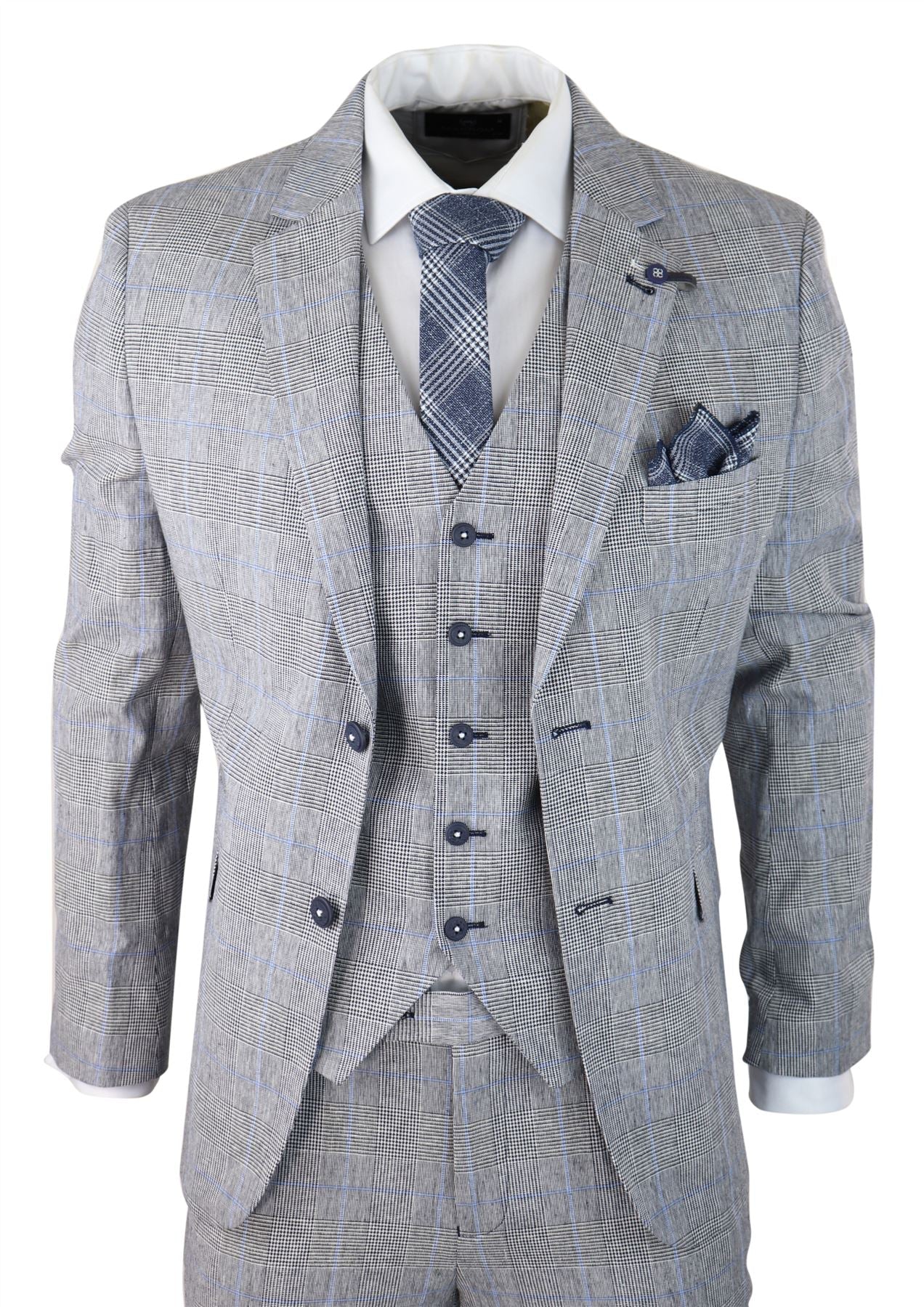 Terno masculino de verão de 3 peças, xadrez cinza, azul e preto, corte sob medida, clássico, para casamento e ocasiões formais.