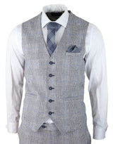Terno masculino de verão de 3 peças, xadrez cinza, azul e preto, corte sob medida, clássico, para casamento e ocasiões formais.