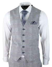 Terno masculino de verão de 3 peças, xadrez cinza, azul e preto, corte sob medida, clássico, para casamento e ocasiões formais.