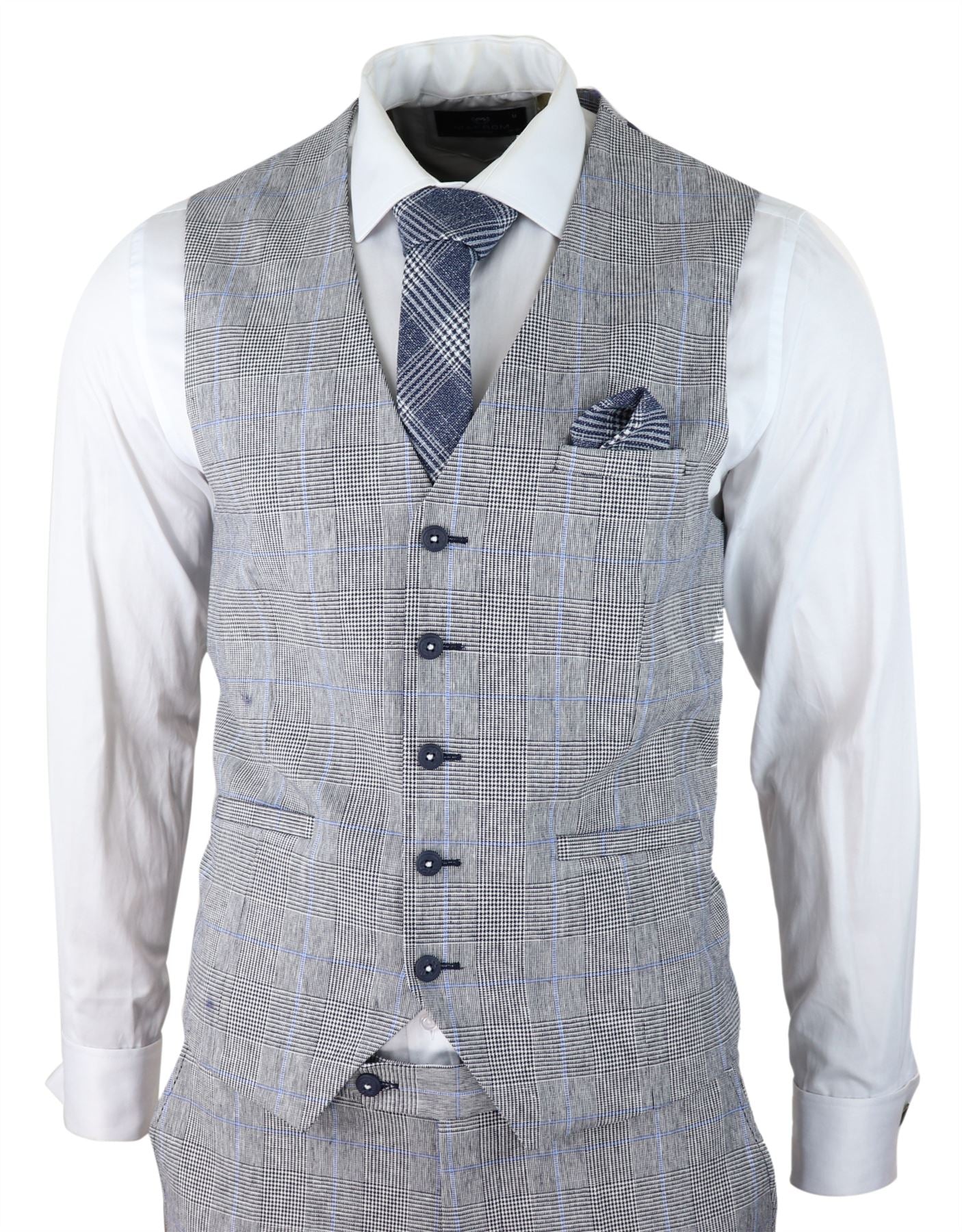 Terno masculino de verão de 3 peças, xadrez cinza, azul e preto, corte sob medida, clássico, para casamento e ocasiões formais.
