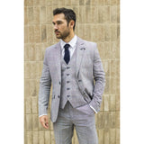 Terno masculino de verão de 3 peças, xadrez cinza, azul e preto, corte sob medida, clássico, para casamento e ocasiões formais.