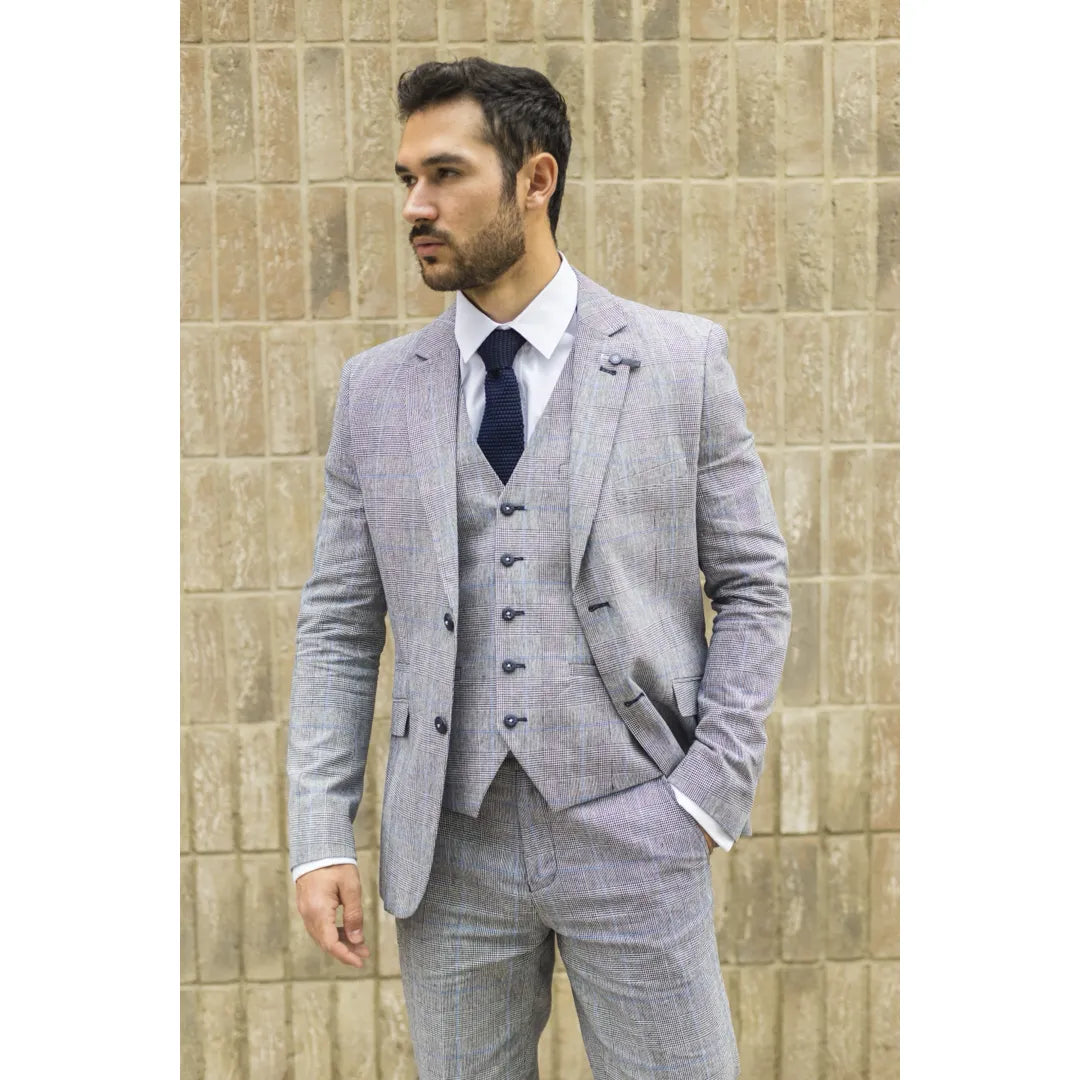 Terno masculino de verão de 3 peças, xadrez cinza, azul e preto, corte sob medida, clássico, para casamento e ocasiões formais.
