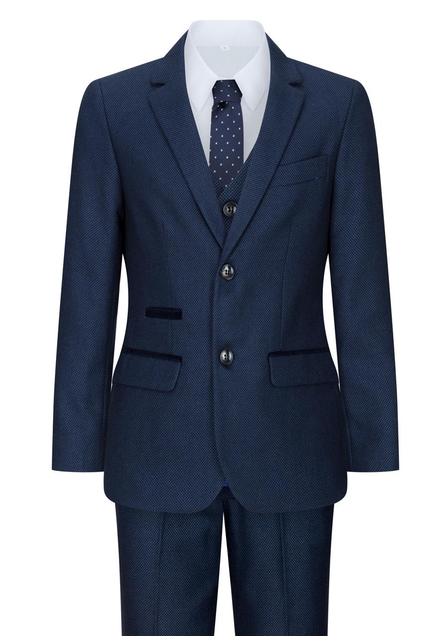 Terno infantil masculino azul marinho de 3 peças em tweed com estampa olho de perdiz, elegante e formal, estilo clássico dos anos 1920 para casamentos.