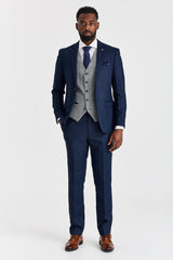 Terno Arthur Navy com colete contrastante Harris em tweed cinza.