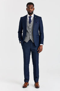 Terno Arthur Navy com colete contrastante Harris em tweed cinza.