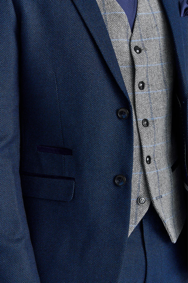 Terno Arthur Navy com colete contrastante Harris em tweed cinza.