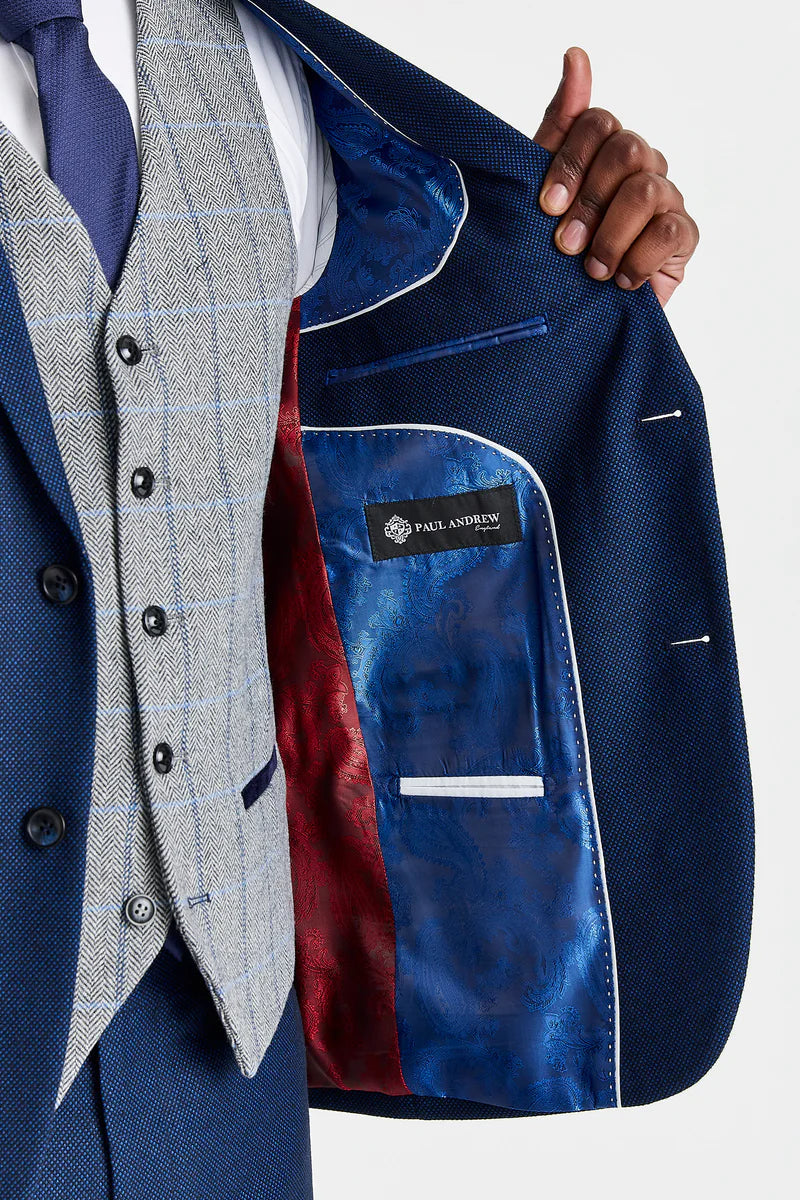 Terno Arthur Navy com colete contrastante Harris em tweed cinza.