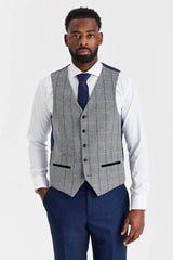 Terno Arthur Navy com colete contrastante Harris em tweed cinza.