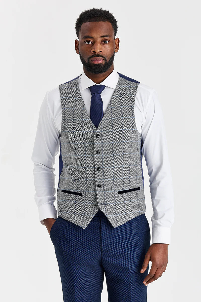 Terno Arthur Navy com colete contrastante Harris em tweed cinza.
