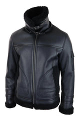 Casaco masculino de pele de carneiro com zíper, estilo aviador, preto, para o inverno, quente e confortável.