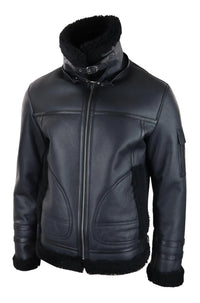 Casaco masculino de pele de carneiro com zíper, estilo aviador, preto, para o inverno, quente e confortável.