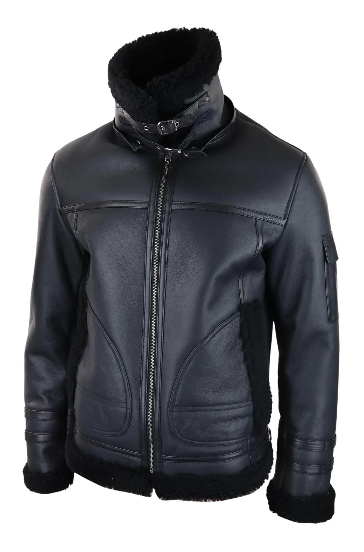 Casaco masculino de pele de carneiro com zíper, estilo aviador, preto, para o inverno, quente e confortável.