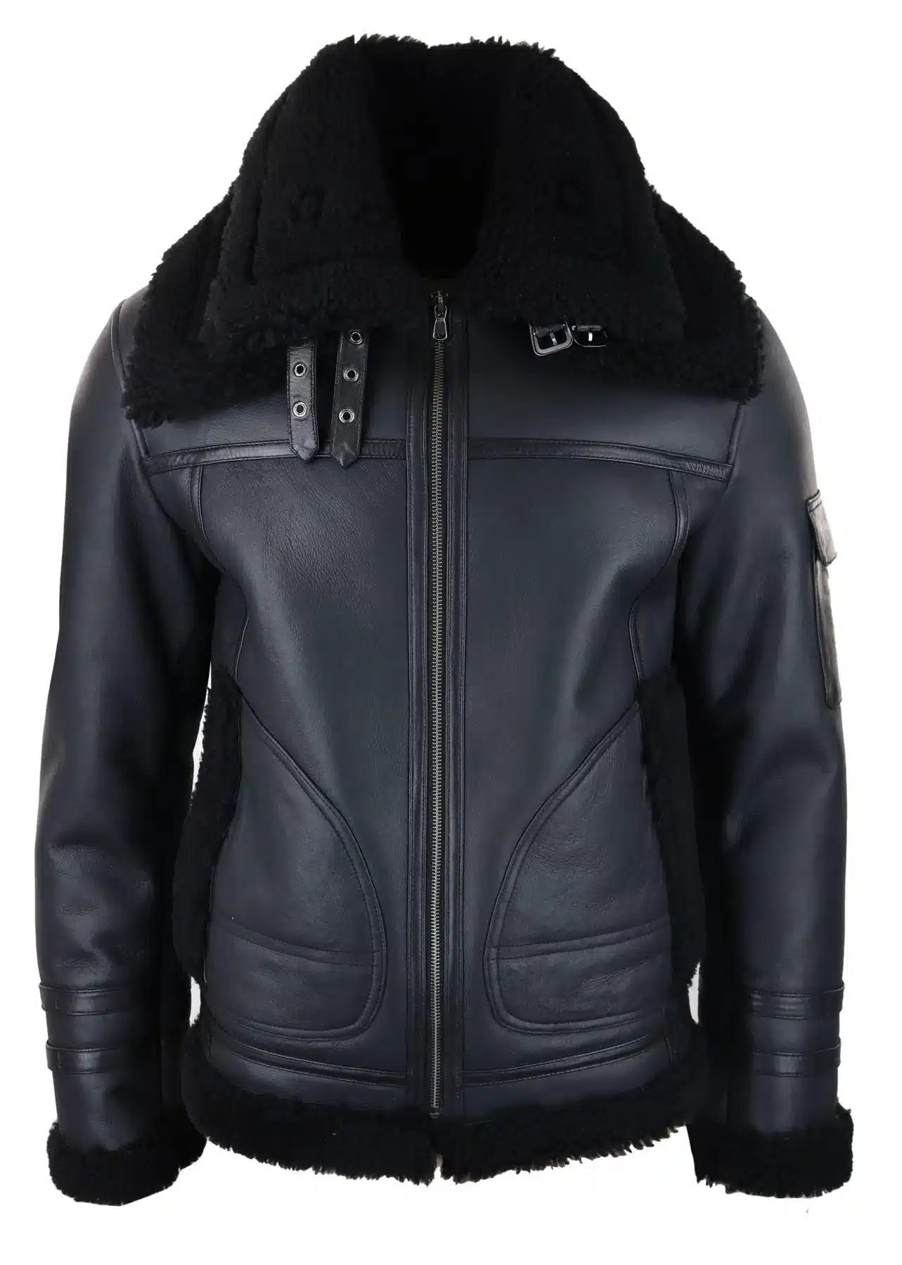 Casaco masculino de pele de carneiro com zíper, estilo aviador, preto, para o inverno, quente e confortável.