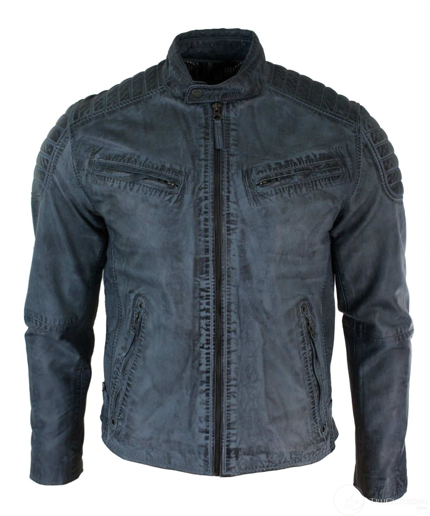 Jaqueta masculina de couro legítimo lavado, corte slim, estilo retrô, com zíper, nas cores marrom-claro e azul urbano-zulu.