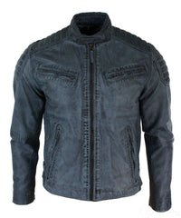 Jaqueta masculina de couro legítimo lavado, corte slim, estilo retrô, com zíper, nas cores marrom-claro e azul urbano-zulu.