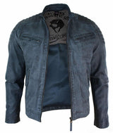 Jaqueta masculina de couro legítimo lavado, corte slim, estilo retrô, com zíper, nas cores marrom-claro e azul urbano-zulu.
