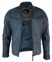 Jaqueta masculina de couro legítimo lavado, corte slim, estilo retrô, com zíper, nas cores marrom-claro e azul urbano-zulu.