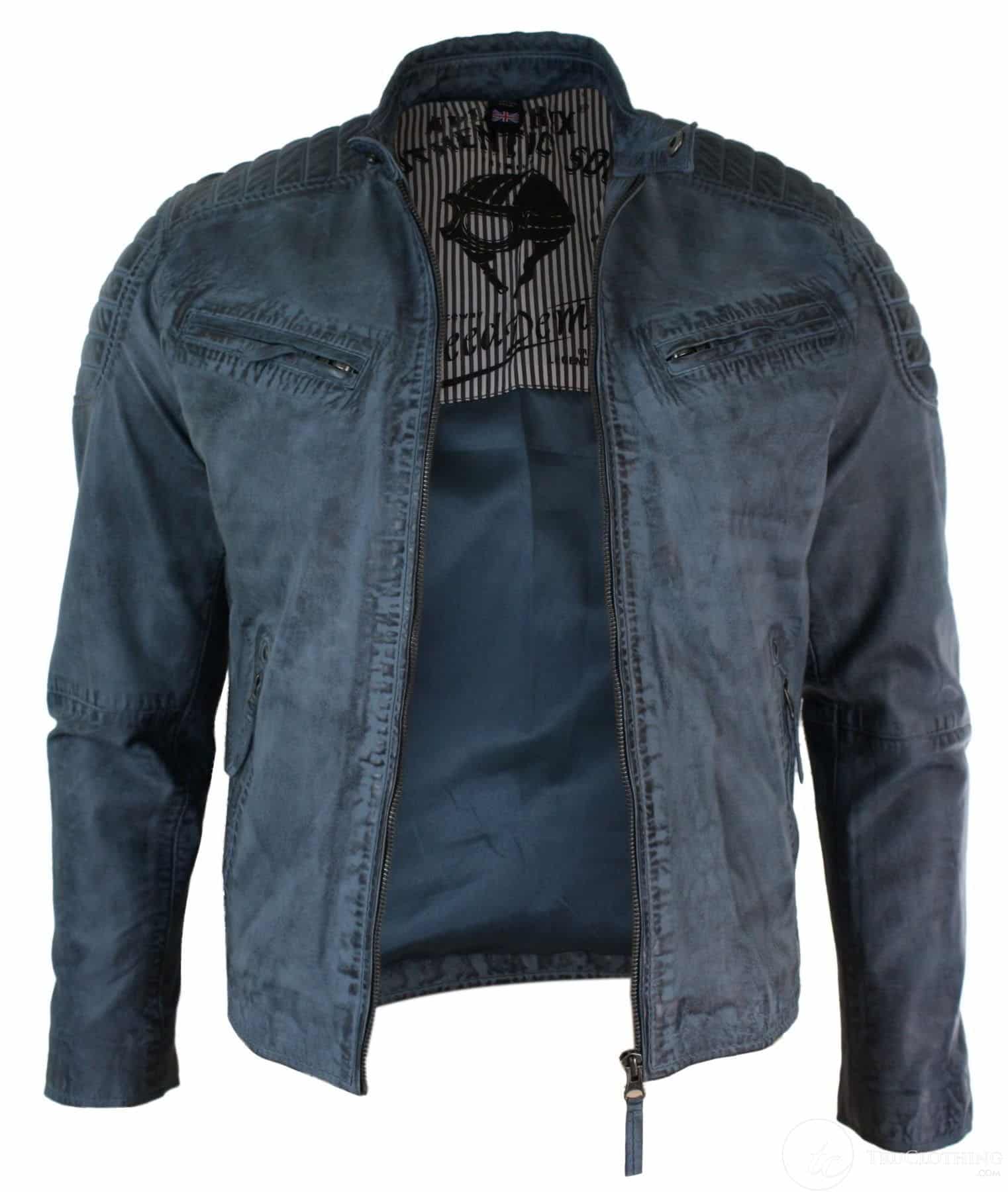 Jaqueta masculina de couro legítimo lavado, corte slim, estilo retrô, com zíper, nas cores marrom-claro e azul urbano-zulu.