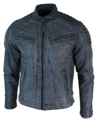 Jaqueta masculina de couro legítimo lavado, corte slim, estilo retrô, com zíper, nas cores marrom-claro e azul urbano-zulu.