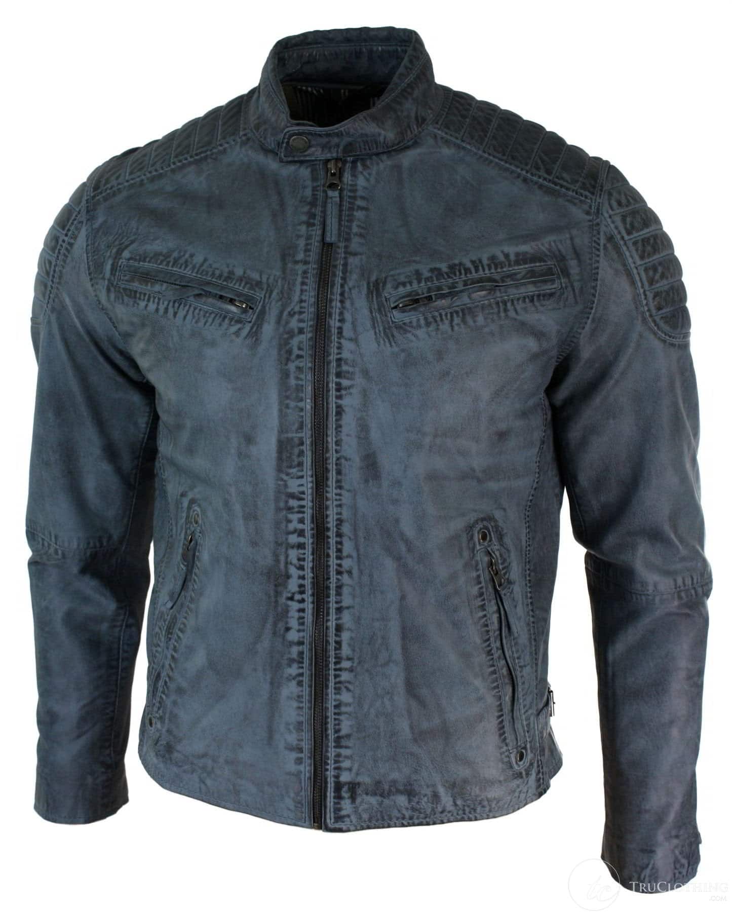 Jaqueta masculina de couro legítimo lavado, corte slim, estilo retrô, com zíper, nas cores marrom-claro e azul urbano-zulu.