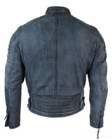 Jaqueta masculina de couro legítimo lavado, corte slim, estilo retrô, com zíper, nas cores marrom-claro e azul urbano-zulu.