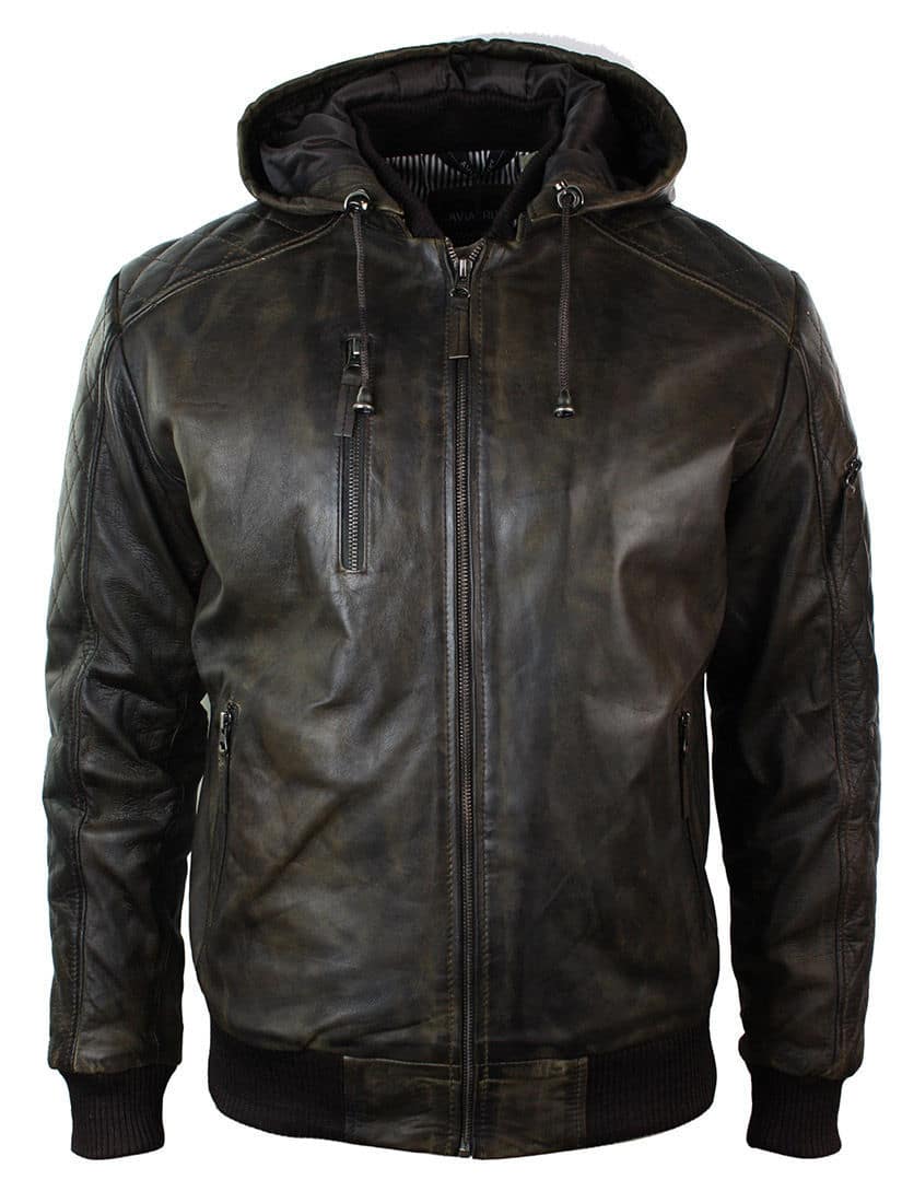 Jaqueta bomber masculina de couro marrom lavado com efeito desgastado, capuz removível e acolchoada.
