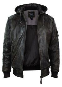 Jaqueta bomber masculina de couro marrom lavado com efeito desgastado, capuz removível e acolchoada.
