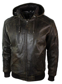 Jaqueta bomber masculina de couro marrom lavado com efeito desgastado, capuz removível e acolchoada.