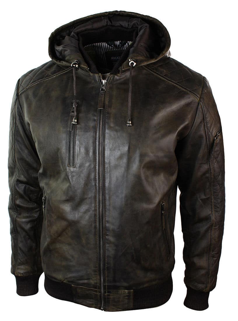 Jaqueta bomber masculina de couro marrom lavado com efeito desgastado, capuz removível e acolchoada.